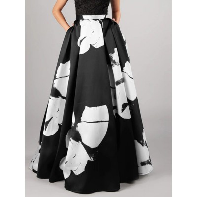 Women Large Flower Print A  Line Swing Casual High Waist Skirts With Pocket