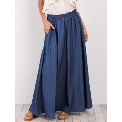 Women Pure Color Elastic Waist Simple Swing Skirts With Pocket Women Pure Color Elastic Waist Simple Swing Skirts With Pocket