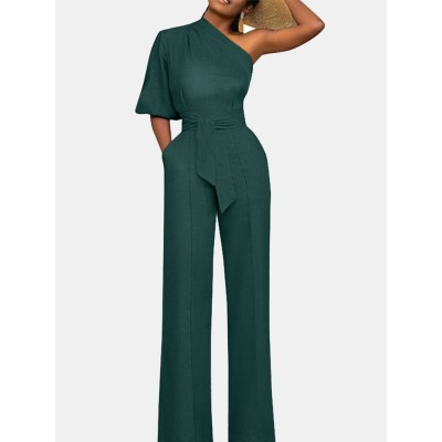 High Waist Solid Pocket Asymmetrical One Shoulder Jumpsuit High Waist Solid Pocket Asymmetrical One Shoulder Jumpsuit