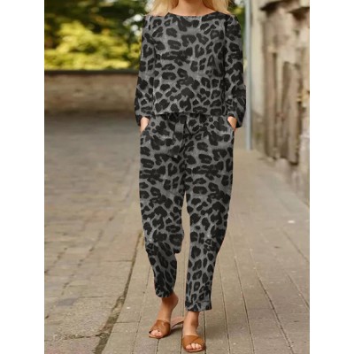 Leopard Print Pocket Tie Long Sleeve Elastic Waist Two Pieces Set Leopard Print Pocket Tie Long Sleeve Elastic Waist Two Pieces Set