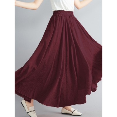Women Big Swing Solid Color Elastic Waist Loose Casual Long Skirt Women Big Swing Solid Color Elastic Waist Loose Casual Long Skirt