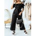 Solid Color Button Pocket Drawstring Off shoulder Ruffle Casual Jumpsuit Solid Color Button Pocket Drawstring Off shoulder Ruffle Casual Jumpsuit