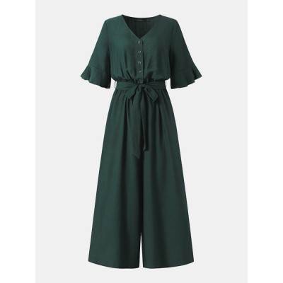 Solid Belt Pocket Button Ruffle Sleeve V neck Jumpsuit Solid Belt Pocket Button Ruffle Sleeve V neck Jumpsuit