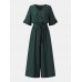 Solid Belt Pocket Button Ruffle Sleeve V neck Jumpsuit Solid Belt Pocket Button Ruffle Sleeve V neck Jumpsuit