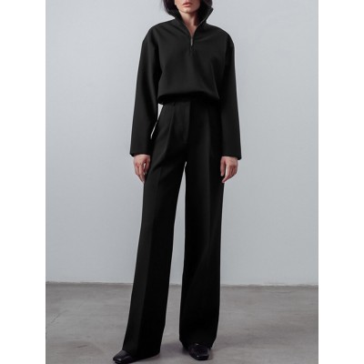 Solid Zip Front Hasp Long Sleeve Lapel Two Pieces Set Solid Zip Front Hasp Long Sleeve Lapel Two Pieces Set