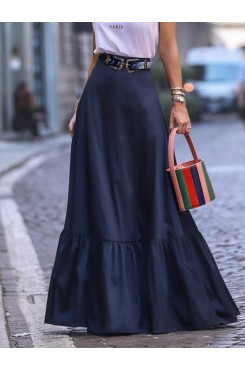 Solid Pleated Ruffle Hem Side Pockets Skirts For Women