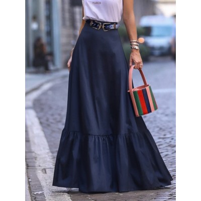 Solid Pleated Ruffle Hem Side Pockets Skirts For Women