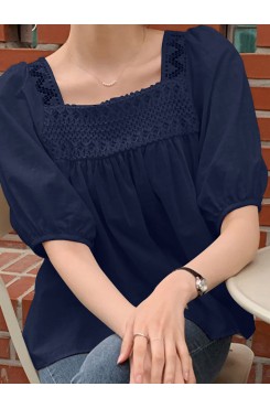 Solid Lace Patchwork Square Collar Short Sleeve Casual Cotton Blouse
