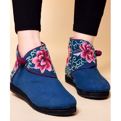 Boutique Buckle Strap Embroideried Comfy Ankle Boots Blue Cotton Fabric Boutique Buckle Strap Embroideried Comfy Ankle Boots Blue Cotton Fabric