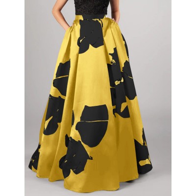 Women Large Flower Print A Line Swing Casual High Waist Skirts With Pocket Women Large Flower Print A Line Swing Casual High Waist Skirts With Pocket