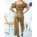 Solid Color Button Pocket Drawstring Off shoulder Ruffle Casual Jumpsuit Solid Color Button Pocket Drawstring Off shoulder Ruffle Casual Jumpsuit