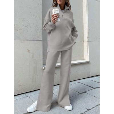 Women Turtleneck Solid Color Ankle Length Zipper Elastic Waist Two Piece Sets Women Turtleneck Solid Color Ankle Length Zipper Elastic Waist Two Piece Sets