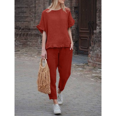 Solid Ruffle Pocket Half Sleeve Round Neck Suit Solid Ruffle Pocket Half Sleeve Round Neck Suit