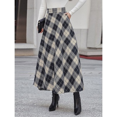 Women Plaid A Line Vintage High Waist Skirts With Pocket Women Plaid A Line Vintage High Waist Skirts With Pocket