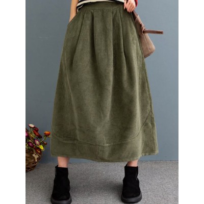 Women Corduroy Solid Elastic Waist Leisure Skirt With Side Pockets Women Corduroy Solid Elastic Waist Leisure Skirt With Side Pockets