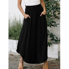 Women Elastic Waist Irregular Hem Side Fork Casual Skirts With Pocket