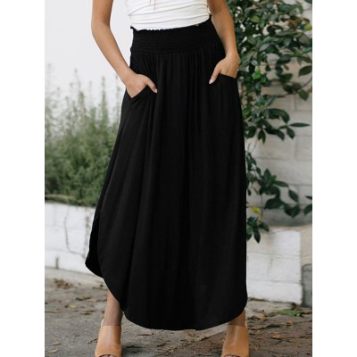 Women Elastic Waist Irregular Hem Side Fork Casual Skirts With Pocket