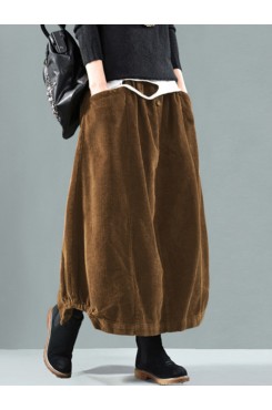 Women Corduroy Button Trim Elastic Waist Solid Retro Skirt With Pocket