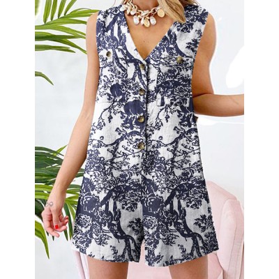 Plants Print Pocket Button Front Sleeveless V neck Romper Plants Print Pocket Button Front Sleeveless V neck Romper