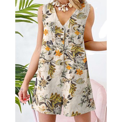 Sleeveless Button Print Flower Pocket Regular Fit Jumpsuit Sleeveless Button Print Flower Pocket Regular Fit Jumpsuit