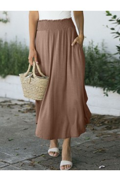 Women Elastic Waist Irregular Hem Side Fork Casual Skirts With Pocket