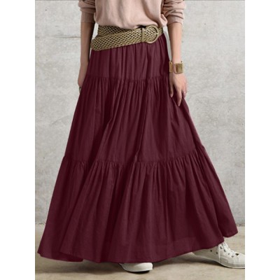 Solid Color Big Swing Elastic Waist Pleated Casual Long Skirt For Women Solid Color Big Swing Elastic Waist Pleated Casual Long Skirt For Women