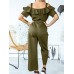 Solid Color Button Pocket Drawstring Off shoulder Ruffle Casual Jumpsuit Solid Color Button Pocket Drawstring Off shoulder Ruffle Casual Jumpsuit