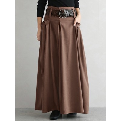 Women Solid Side Pockets Lace  Up Party A  Line Skirt with Back Zipper