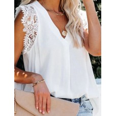 Solid Lace Patchwork V Neck Casual Blouse
