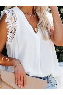 Solid Lace Patchwork V Neck Casual Blouse