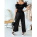 Solid Color Button Pocket Drawstring Off shoulder Ruffle Casual Jumpsuit Solid Color Button Pocket Drawstring Off shoulder Ruffle Casual Jumpsuit