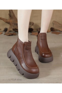 Brown zippered Platform Cowhide Leather Boots Splicing Boots