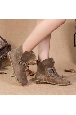 Women Cross Strap  Khaki Cowhide Leather Ankle boots