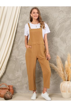 Solid Pocket Sleeveless Button Casual Jumpsuit For Women