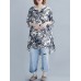 Plant Print Split V Neck High  Low Hem Cotton Casual Blouse